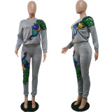 Women's Autumn and Winter Fashionable Peacock Sequin Patchwork Two-piece Pants Set
