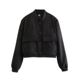 Women's Bomber Jacket Spring and Autumn Pocket Long Sleeve Casual Single Breasted Coat