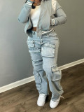 Women's Fashion Stretch Denim Fabric Multi-Pocket Cargo Style Denim Pants