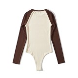 Contrast Color Retro Women's Round Neck Color Block Long Sleeve Slim Basic Jumpsuit