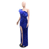 Fashionable Evening Dress Formal Party Sequined High Slit Long Dress for Women