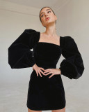 Autumn and winter black velvet dress women's fashion square neck puff sleeves Bodycon dress