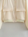 Women's Bomber Jacket Spring and Autumn Pocket Long Sleeve Casual Single Breasted Coat