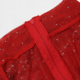 Fashionable Round Neck Mesh sequined long-sleeved top high slit skirt two-piece set for women