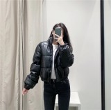 Leather Casual solid color leather cotton-padded Stand Collar jacket