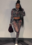 Women sexy mesh See-Through printed Top and high-waisted Casual trousers two-piece set