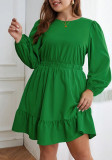 Plus Size Women Autumn and Winter Ruffle Round Neck Long Sleeve Dress