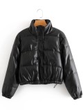 Leather Casual solid color leather cotton-padded Stand Collar jacket