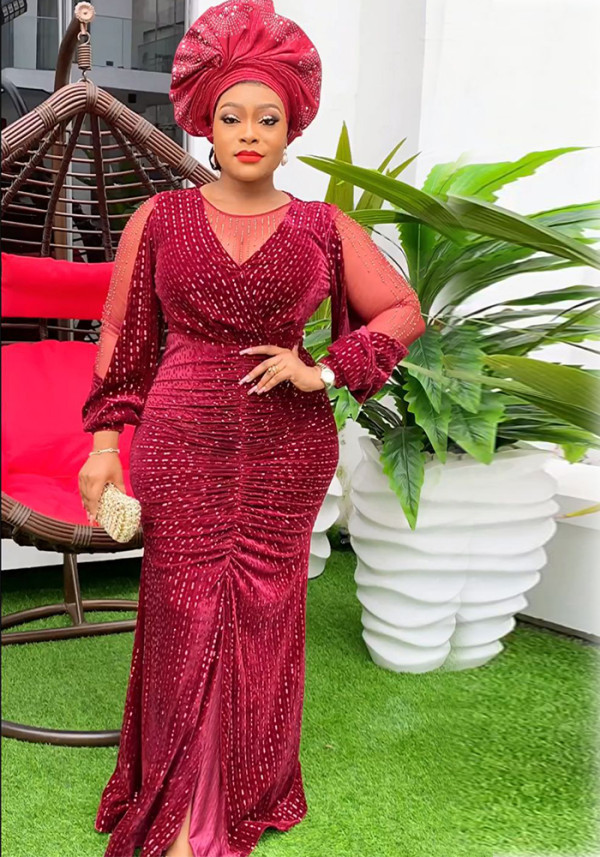 African Women Plus Size Beaded Sequin Party Dress
