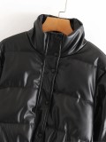 Leather Casual solid color leather cotton-padded Stand Collar jacket