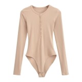 Slim Fit Button up long Sleeve Women's Round Neck Sexy Basic Tight Fitting bodysuit