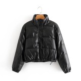Leather Casual solid color leather cotton-padded Stand Collar jacket