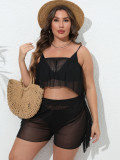 Plus Size Women Sexy See-Through Mesh Ruffled Beach Cover-Up Two-Piece Set