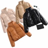 Leather Casual solid color leather cotton-padded Stand Collar jacket