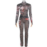 Women sexy mesh See-Through printed Top and high-waisted Casual trousers two-piece set