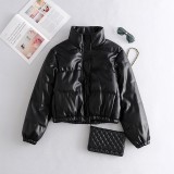 Leather Casual solid color leather cotton-padded Stand Collar jacket
