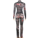 Women sexy mesh See-Through printed Top and high-waisted Casual trousers two-piece set