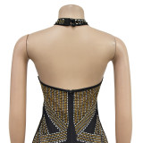 Women Solid mesh Beaded Halter Neck Long Dress
