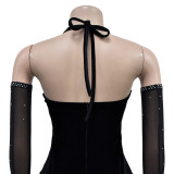 Fashion Women's Solid Color Halter Neck Slit Sexy Long Dress