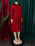 African Women Solid Long Sleeve Turndown Collar Elegant Dress