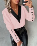Women V Neck Solid Long Sleeve Button Top