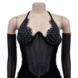 Fashion Women's Solid Color Halter Neck Slit Sexy Long Dress