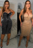 Autumn And Winter Women's Sexy Mesh Beaded Strap Nightclub Dress
