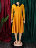 African Women Solid Long Sleeve Turndown Collar Elegant Dress