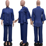 Women Solid Denim High Collar Button Top and Straight Pants Two-piece Set