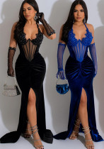 Fashion Women's Solid Color Halter Neck Slit Sexy Long Dress Fashion Women's Solid Color Halter Neck Slit Sexy Long Dress