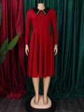 African Women Solid Long Sleeve Turndown Collar Elegant Dress