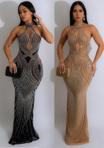 Women Solid mesh Beaded Halter Neck Long Dress Women Solid mesh Beaded Halter Neck Long Dress