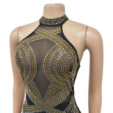 Women Solid mesh Beaded Halter Neck Long Dress