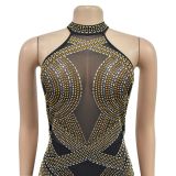 Women Solid mesh Beaded Halter Neck Long Dress