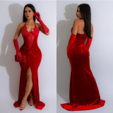 Fashion Women's Solid Color Halter Neck Slit Sexy Long Dress