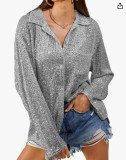 Women Sequin Long Sleeve Turndown Collar Casual Shirt