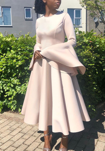 Women Solid Bell Bottom Sleeve Dress