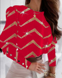 Women Printed Long Sleeve Round Neck Button Top