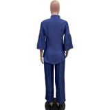 Women Solid Denim High Collar Button Top and Straight Pants Two-piece Set