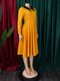 African Women Solid Long Sleeve Turndown Collar Elegant Dress