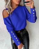 Women Solid Metal Button Slash Shoulder Button Top