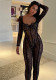 Nightclub Style Sexy Long-Sleeved Black Lace See-Through Tight Fitting Jumpsuit