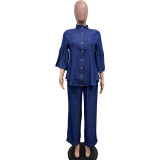 Women Solid Denim High Collar Button Top and Straight Pants Two-piece Set