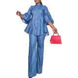 Women Solid Denim High Collar Button Top and Straight Pants Two-piece Set