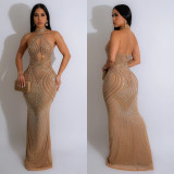 Women Solid mesh Beaded Halter Neck Long Dress