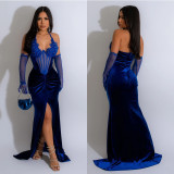 Fashion Women's Solid Color Halter Neck Slit Sexy Long Dress