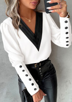 Women V Neck Solid Long Sleeve Button Top Women V Neck Solid Long Sleeve Button Top