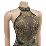 Women Solid mesh Beaded Halter Neck Long Dress