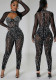 Fashion Women's Solid Color Mesh Beaded Long Sleeve Nightclub Jumpsuit