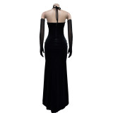 Fashion Women's Solid Color Halter Neck Slit Sexy Long Dress